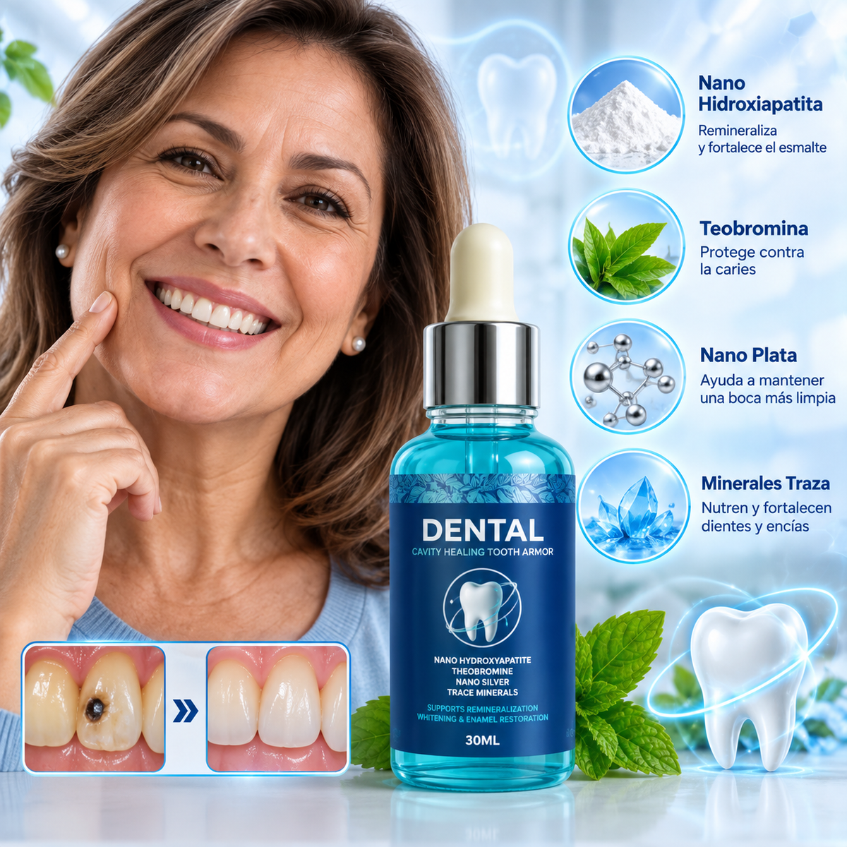 DentaMineral🦷 ¡Serum dental, combate la caries, regenera dientes dañados y promueve un aliento fresco!