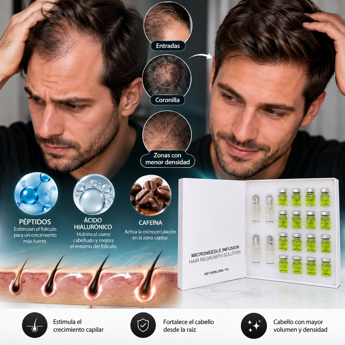 Kit Follicare ¡Microinfusión para el crecimiento del cabello, Detén la caída y combate la calvicie!