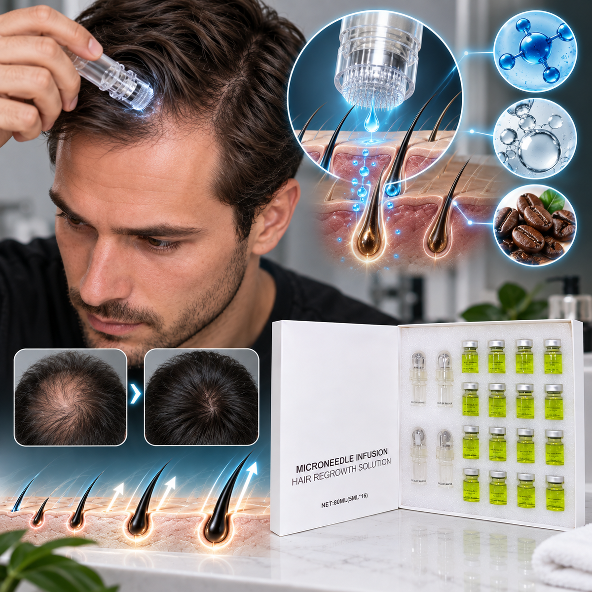Kit Follicare ¡Microinfusión para el crecimiento del cabello, Detén la caída y combate la calvicie!
