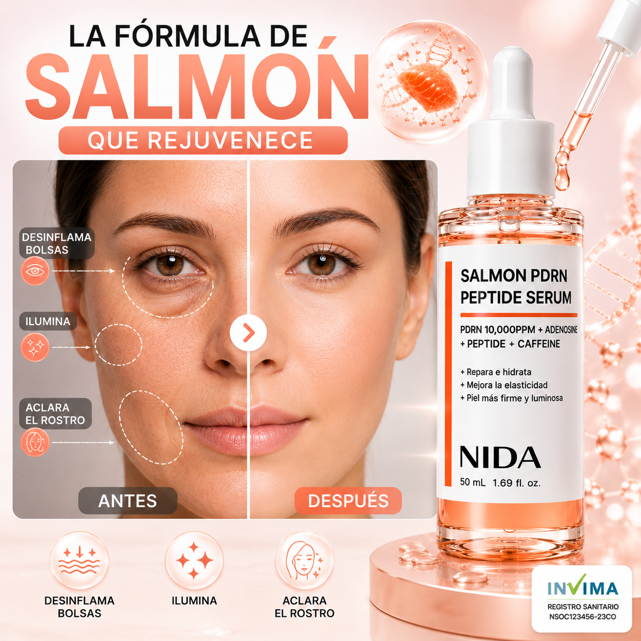 Serum con PDRN de Salmon🧬 ¡Recupera los signos de la juventud, Ilumina y reafirma tu rostro!💫